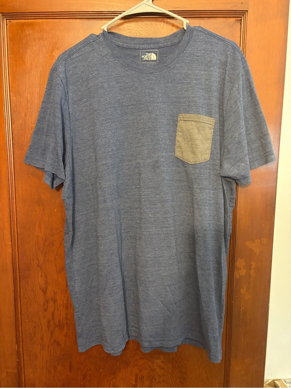 The North Face Men's Heather Blue Short-Sleeve Pocket Tee with Tan Pocket